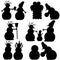Set of six different plots of snowmen silhouettes.