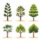 Set six different trees isolated white background. Flat graphic style design, vibrant green