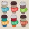Set of six different trendy paper cup of coffee