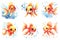 A set of six goldfish with different expressions, watercolor clipart on white background.