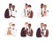 Set of six happy wedding gay couples. Fiances hug and hold each other hands