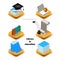 Set of six isometric library and education icons. Isolated stock vector illustration on white background