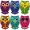 Set of six motley owls