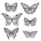 Set of six ornate doodle hand drawn butterflies