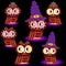 A set of six owls in the colors of Halloween, with a cobweb in a pointed hat