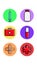 A set of six round icons for topical with medical medical pharmacological subjects a jar of pills and drugs, a syringe first