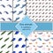 Set with six sea animal seamless pattern with surgeonfish, narwhale and shark, coral. Undersea world habitants print.