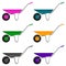 Set of six single-wheeled wheelbarrow with colored body and handles, vector illustration