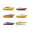 Set of six speedboats in various colors and designs. Nautical transport, recreational boats with sleek shapes. Modern