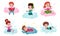 Set Of Six Vector Illustrations With Children Having Fan And Doing Different Things In The Clouds Cartoon Characters