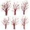 Set of six watercolor bare tree cliparts isolated on a white background. Brown silhouettes of autumn trees, design element for