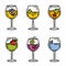 Set six wine glasses filled different beverages, glass adorned fruit motif. Vibrant colored drinks