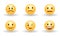 Set of six yellow cute happy smiling, sad, angry, suprised and neutral emoticons. Faces emotions. Facial expression