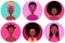 Set of six young black women round flat icons in different clothes and hairstyles