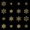 Set of sixteen shine relief golden snowflakes isolated on black background. New Year and Christmas card glittering