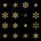 Set of sixteen shine relief golden snowflakes isolated on black background. New Year and Christmas card glittering