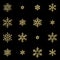 Set of sixteen shine relief golden snowflakes isolated on black background. New Year and Christmas card glittering