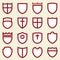 Set of sixteen simple shields icons in red and white.