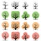 Set of sixteen vector tree with green, yellow, red leaves and without leaves