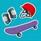 set of skateboard sport with helmet and knee pad