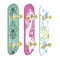 Set of skateboards with different designs and bright colors. Equipment for sport, healthy lifestyle and physical activity. Vector