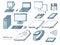 Set of sketch computers. Doodle pc, laptop, tablet, floppy, mail, chat box. Retro Computer icon in Hand-drawn style. cartoon Vecto
