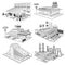 Set sketch isometric buildings of cafe, pizzeria, hotel, supermarket, factory, nuclear power plant isolated