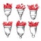 Set of sketch various menstrual cups with flat red flower. Zero waste objects. Eco friendly womens health. Organic hygiene