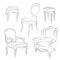 Set of sketched armchairs and chairs.