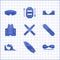 Set Ski and sticks, Surfboard, Skateboard trick, Snowboard, Bicycle on street ramp, Life jacket, park and goggles icon