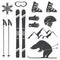 Set of skiing equipment silhouette icons.