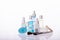 Set of daily skincare cleansing cosmetic products, makeup tools and accessories