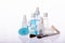 Set of skincare products, makeup tools, bottles with natural liquids, beauty