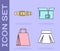 Set Skirt, Leather belt, Paper shopping bag and Carton cardboard box icon. Vector