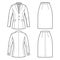 Set of skirt Suit with classic jacket technical fashion illustration with two - piece, single breasted, fitted body