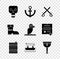 Set Skull, Anchor, Crossed pirate swords, Wooden barrel, Boat with oars, leg, Leather boots and Pirate parrot icon