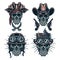 Set of skulls wearing hats, cowboys, steampunk, helmets and pirates, color version