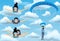 Set of skydivers parachutist characters. Skydiver man and woman flying in the blue cloudy sky. Tandem skydiving.