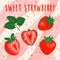 Set of sliced and whole bright strawberries illustrations.