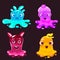 Set Slime jelli monsters characters, liquid green red cyan violet creatures. Funny cute cartoon vector illustration on
