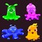 Set Slime jelli monsters characters, liquid yellow green violet blue creatures. Funny cute cartoon vector illustration