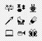 Set Slingshot, Puzzle pieces toy, Robot, Laptop, Trumpet, Butterfly, Paint brush and Roller skate icon. Vector