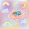 Set with sloth bear sleeping in pink cloud, crown, clouds, moon, star and rainbow