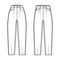 Set of Slouchy Jeans Denim pants technical fashion illustration with ankle length, normal low waist, high rise 5 pockets