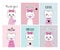 Set of small greeting postcards with cute kittens. Cartoon kawaii funny cat character.