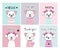 Set of small greeting postcards with cute puppies. Cartoon kawaii funny dog character.