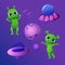A set of small kind green aliens with big eyes and flying saucers and a planet and asteroids on a purple background. Ufo