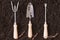 Set of small wood and steel garden implements