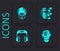 Set Smart glasses on spectacles, Planet earth and radiation, Humanoid robot and Headphones icon. Black square button