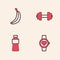 Set Smart watch, Banana, Dumbbell and Bottle of water icon. Vector